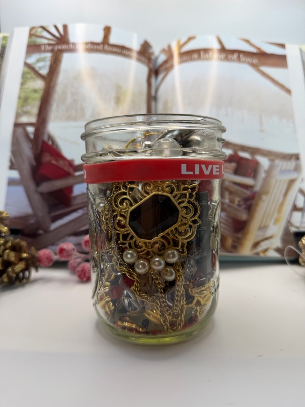 Red Band Jewelry Jar Filled with Mixed Jewelry